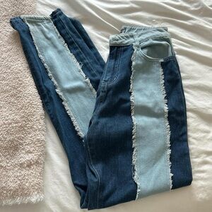 High Rise Two-Tone Frayed Jeans